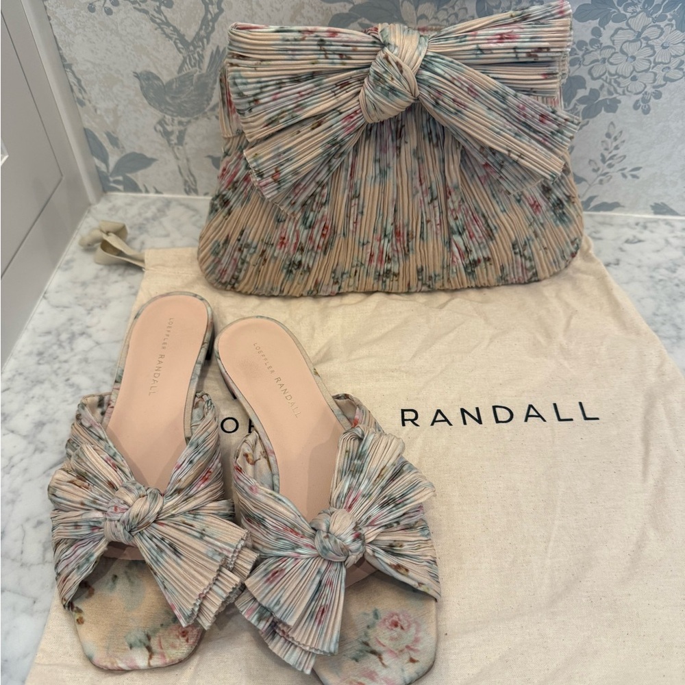 Loeffler Randall Camellia Pleated Bow Size 7.5 Flats & Rayne Clutch Set